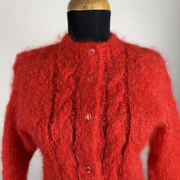 Vintage Hand Knit Red Mohair Cardigan Sweater | Fuzzy Cable Knit Button Front - Picture 5 of 12